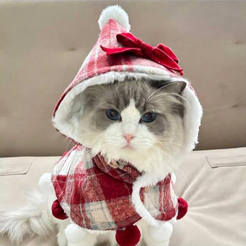 FunnyFuzzyChristmasPlaidFauxMinkFurHoodedPomPomDog CatCape 4