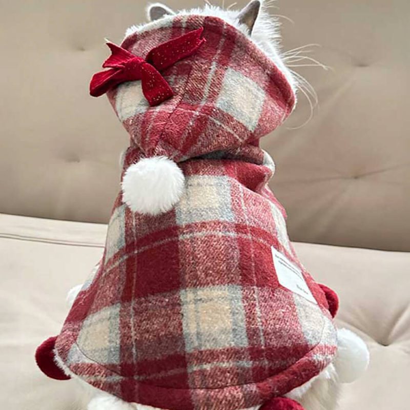 FunnyFuzzyChristmasPlaidFauxMinkFurHoodedPomPomDog CatCape 5