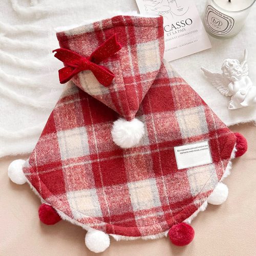 FunnyFuzzyChristmasPlaidFauxMinkFurHoodedPomPomDog CatCape 6