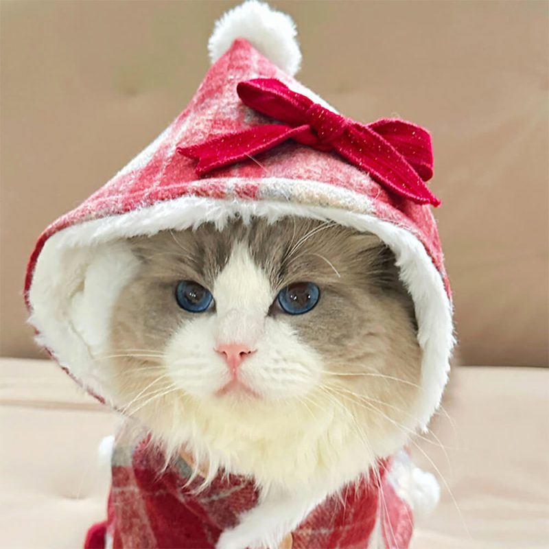 FunnyFuzzyChristmasPlaidFauxMinkFurHoodedPomPomDog CatCape 7