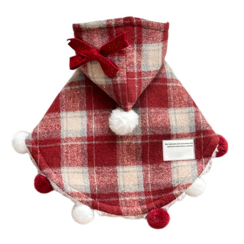 FunnyFuzzyChristmasPlaidFauxMinkFurHoodedPomPomDog CatCape 9