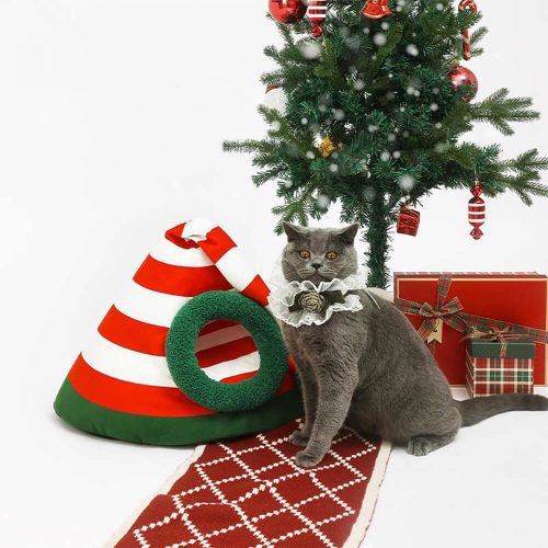 FunnyFuzzyClassicChristmasHatWarmWashableSemi EnclosedCatCaveBed 10