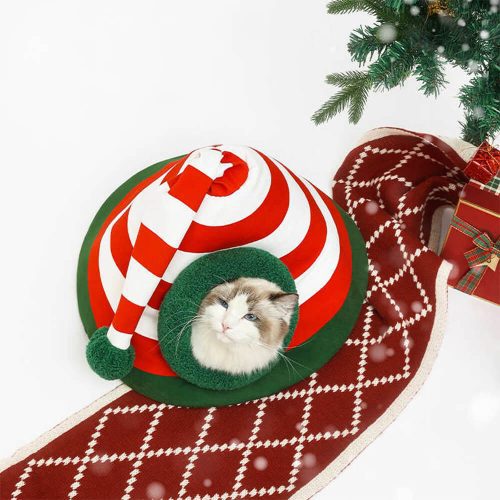 FunnyFuzzyClassicChristmasHatWarmWashableSemi EnclosedCatCaveBed 11