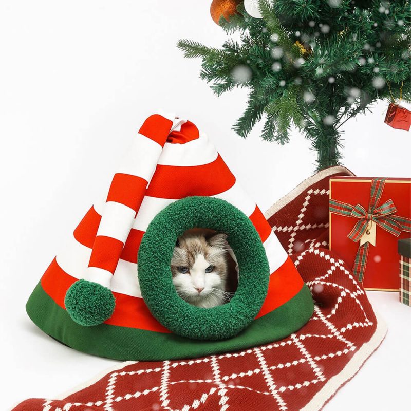 FunnyFuzzyClassicChristmasHatWarmWashableSemi EnclosedCatCaveBed 6