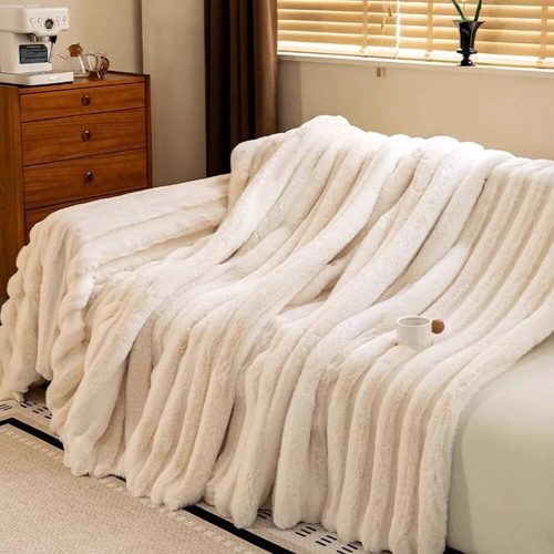 FunnyFuzzyCreamWide StripedFauxRabbitFurOnePieceFullCoverageCouchCover 3