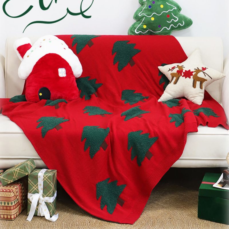 FunnyFuzzyFestiveChristmasTreePatternKnittedThrowBlanketwithPillow 6