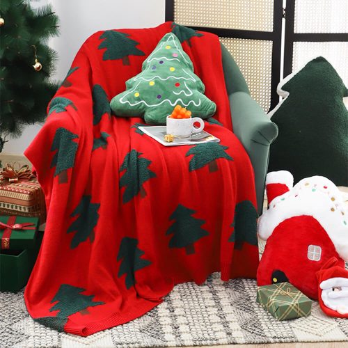 FunnyFuzzyFestiveChristmasTreePatternKnittedThrowBlanketwithPillow 7