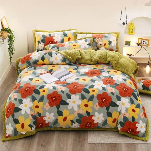 FunnyFuzzyFloralPrintMilkVelvet SherpaDouble SidedBedSheetSet 1