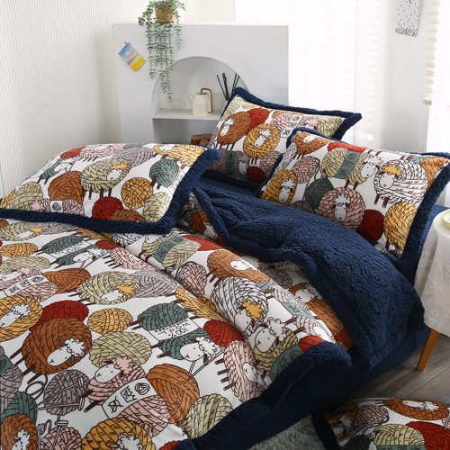 FunnyFuzzyFloralPrintMilkVelvet SherpaDouble SidedBedSheetSet 12