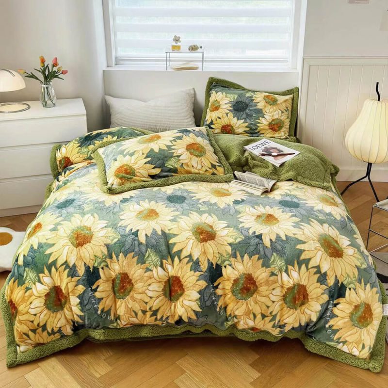 FunnyFuzzyFloralPrintMilkVelvet SherpaDouble SidedBedSheetSet 13