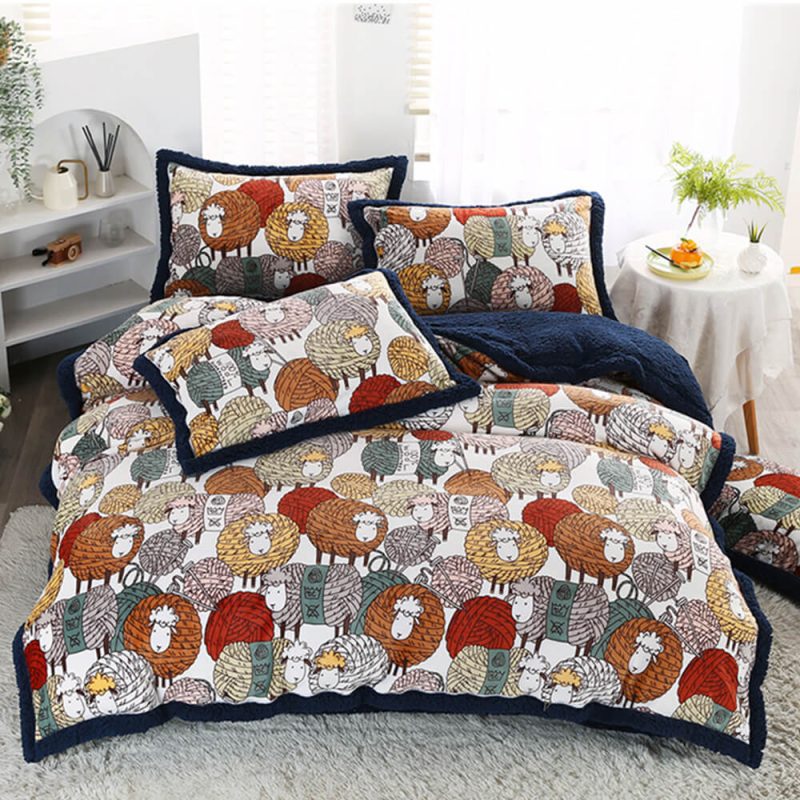 FunnyFuzzyFloralPrintMilkVelvet SherpaDouble SidedBedSheetSet 6