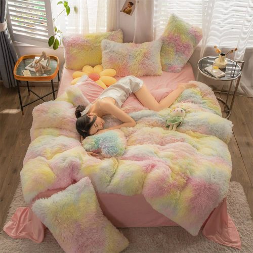 FunnyFuzzyGradientFashionLongPlushWarmBedSheetSet 27