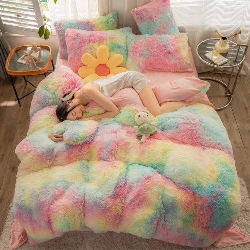 FunnyFuzzyGradientFashionLongPlushWarmBedSheetSet 29