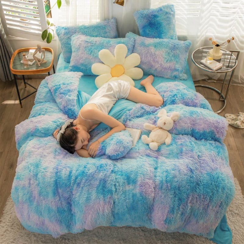 FunnyFuzzyGradientFashionLongPlushWarmBedSheetSet 31