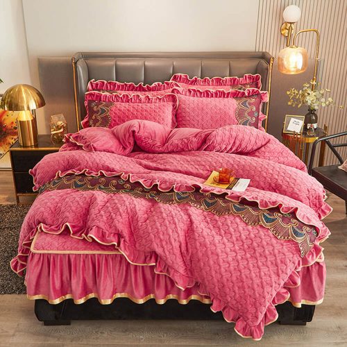 FunnyFuzzyLuxuriousCrystalVelvetEmbroideredNon SlipBedSheetSetwithBedSkirt 22