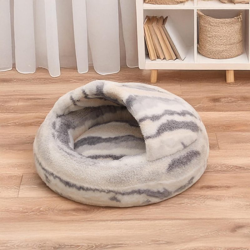 FunnyFuzzyLuxuryMarbleStripedCozySemi EnclosedCaveDog CatBed 3