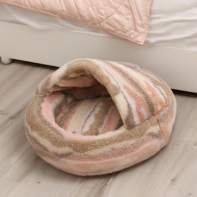 FunnyFuzzyLuxuryMarbleStripedCozySemi EnclosedCaveDog CatBed 4