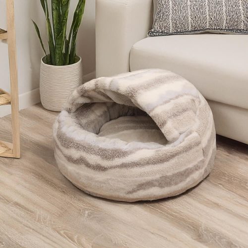 FunnyFuzzyLuxuryMarbleStripedCozySemi EnclosedCaveDog CatBed 5