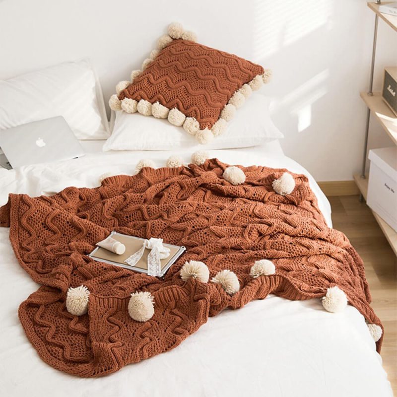 FunnyFuzzyNordicStyleChenillePomPomCozyThrowBlanketwithPillowcase 10