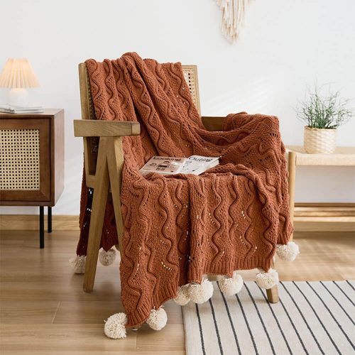 FunnyFuzzyNordicStyleChenillePomPomCozyThrowBlanketwithPillowcase 11