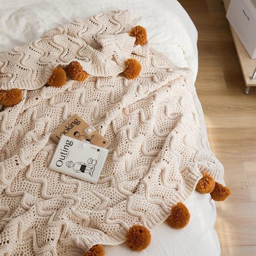 FunnyFuzzyNordicStyleChenillePomPomCozyThrowBlanketwithPillowcase 17