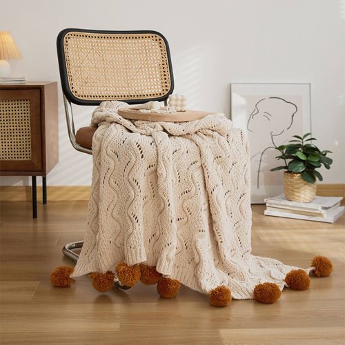 FunnyFuzzyNordicStyleChenillePomPomCozyThrowBlanketwithPillowcase 18