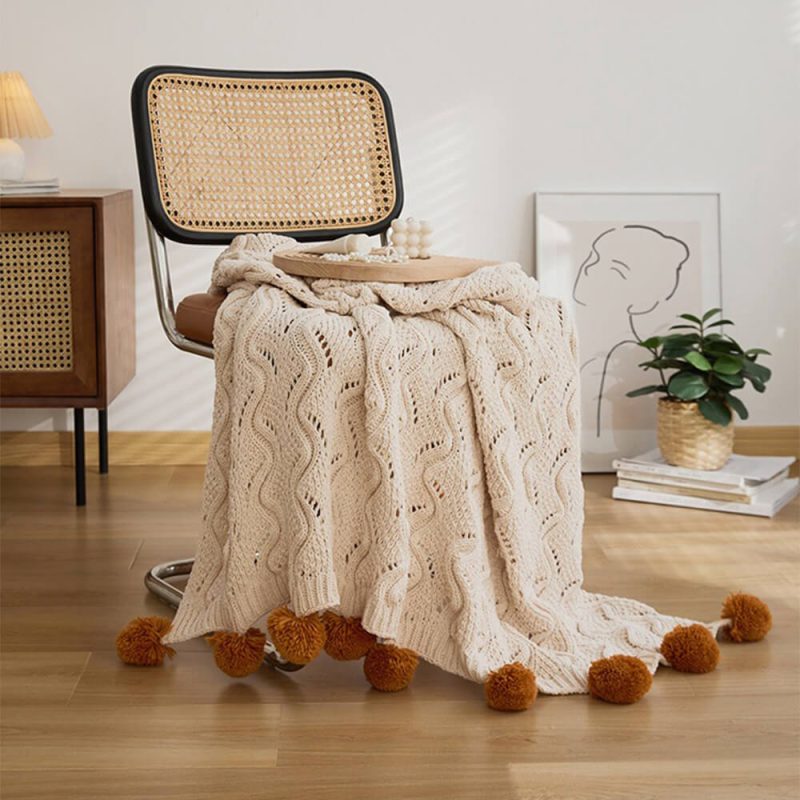 FunnyFuzzyNordicStyleChenillePomPomCozyThrowBlanketwithPillowcase 18