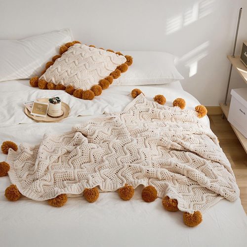 FunnyFuzzyNordicStyleChenillePomPomCozyThrowBlanketwithPillowcase 19