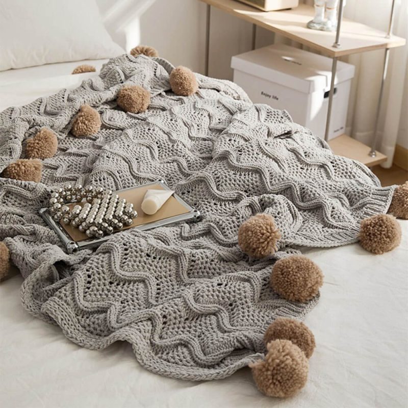 FunnyFuzzyNordicStyleChenillePomPomCozyThrowBlanketwithPillowcase 2