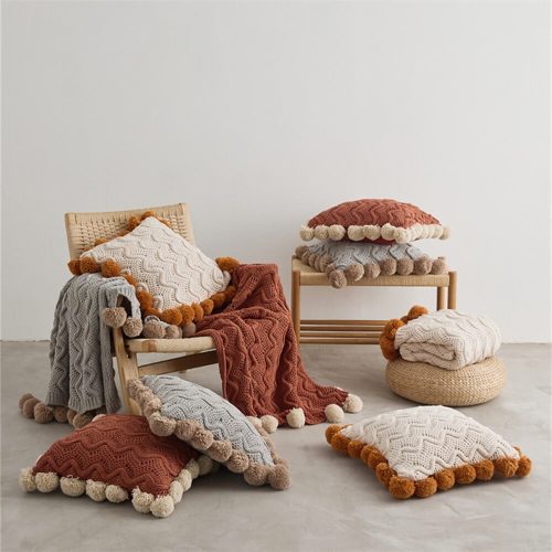 FunnyFuzzyNordicStyleChenillePomPomCozyThrowBlanketwithPillowcase 22