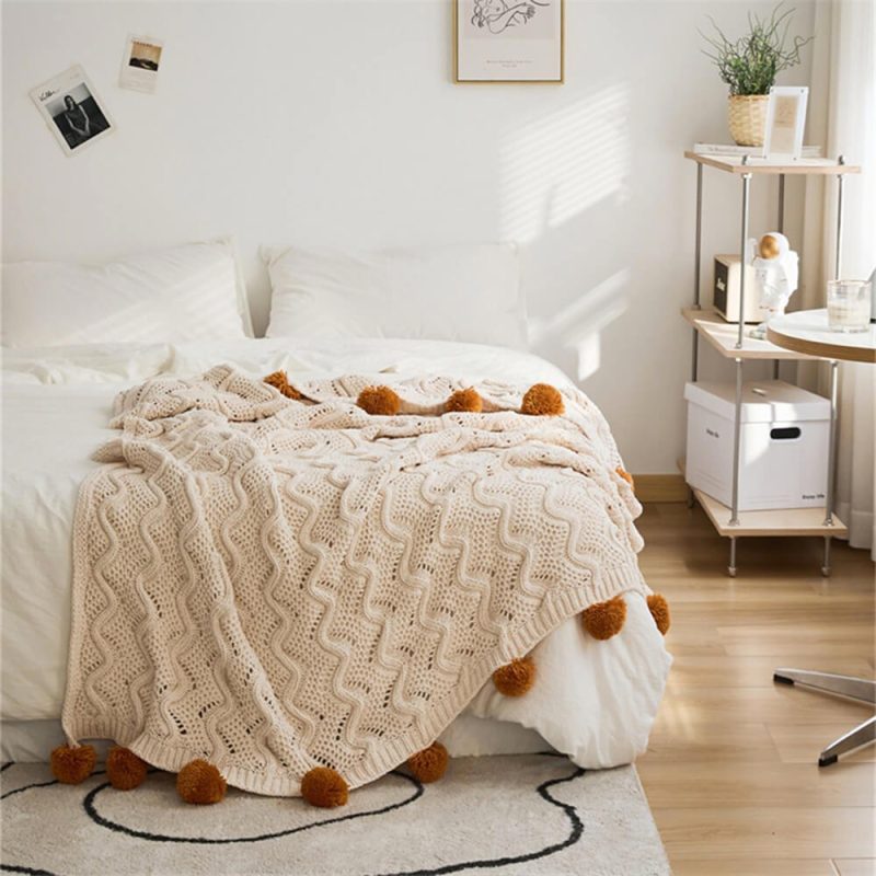 FunnyFuzzyNordicStyleChenillePomPomCozyThrowBlanketwithPillowcase 23