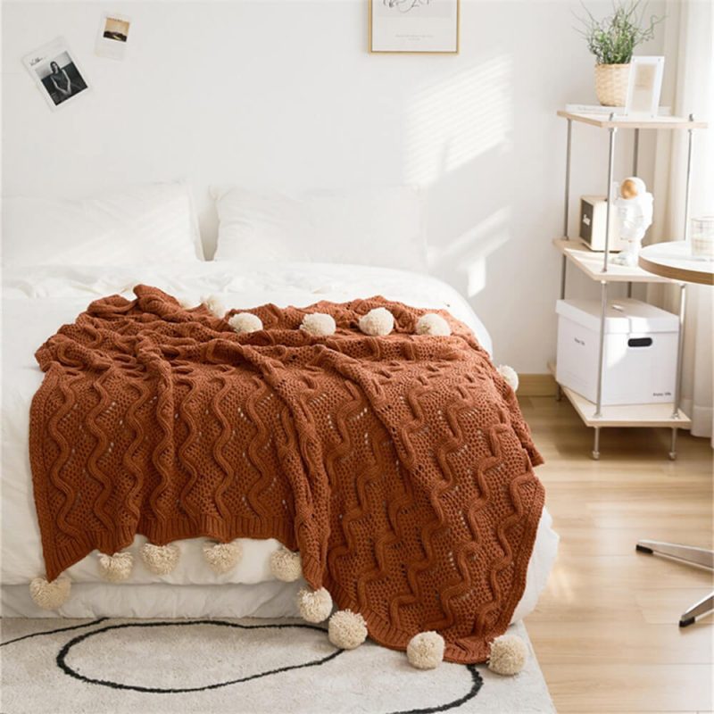 FunnyFuzzyNordicStyleChenillePomPomCozyThrowBlanketwithPillowcase 24