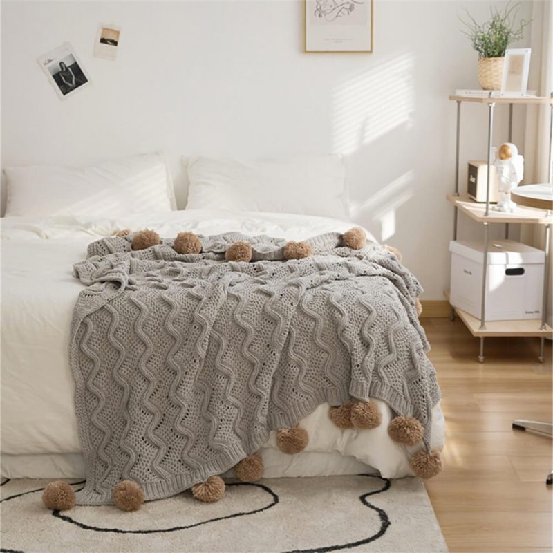 FunnyFuzzyNordicStyleChenillePomPomCozyThrowBlanketwithPillowcase 25