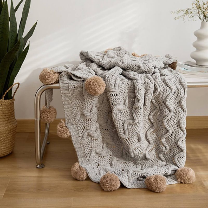 FunnyFuzzyNordicStyleChenillePomPomCozyThrowBlanketwithPillowcase 3