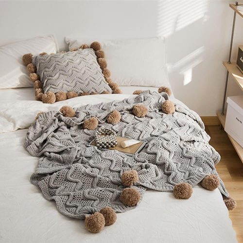 FunnyFuzzyNordicStyleChenillePomPomCozyThrowBlanketwithPillowcase 7