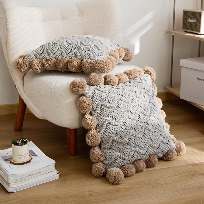 FunnyFuzzyNordicStyleChenillePomPomCozyThrowBlanketwithPillowcase 8