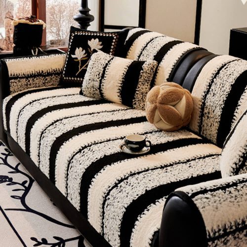 FunnyFuzzyStripedPlushChenilleThickenedCushionProtectorNon SlipCouchCover 1