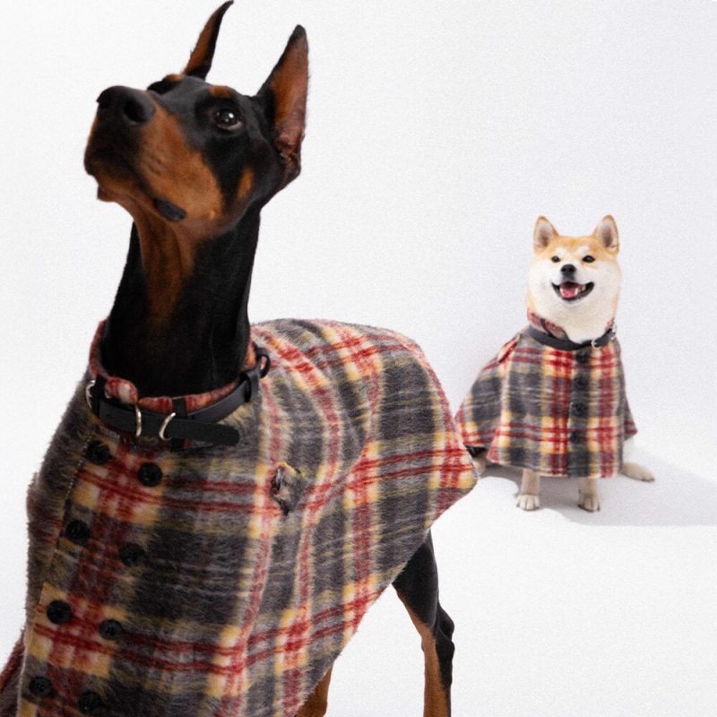 FunnyFuzzyVintagePlaidWoolWithRefinedLeatherCollar ButtonDogCape 6