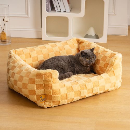 FunnyFuzzy FluffyTuftedComftySquareCheckeredDog CatBed1