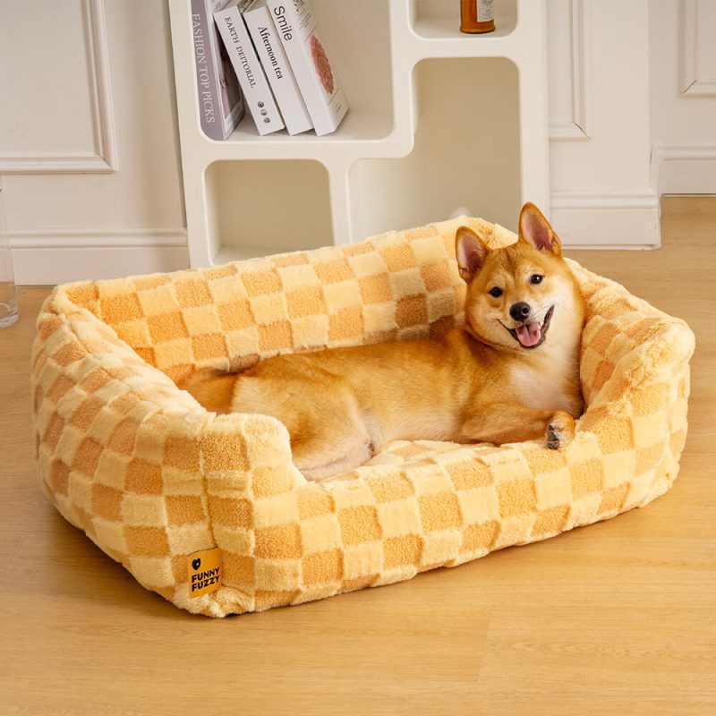 FunnyFuzzy FluffyTuftedComftySquareCheckeredDog CatBed9