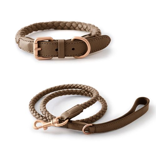 Hand Woven Faux Leather Puppy Collar and Leash Dog Walking Set