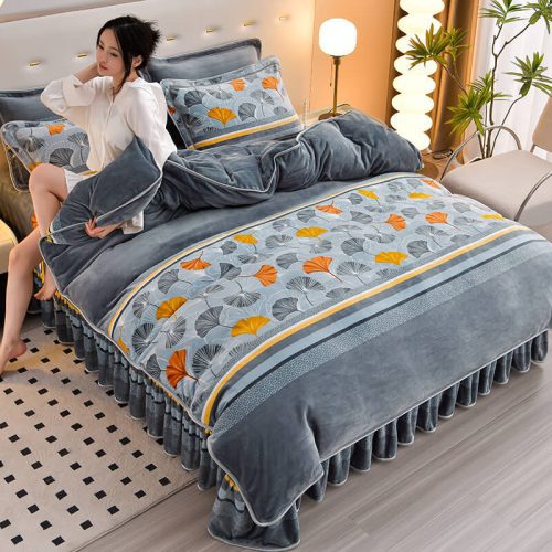 HomelyFloralMilkVelvetComfortableBedSheetSetWithBedSkirt 8