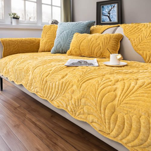 LeafCottonMatAnti scratchProtectiveCouchCover Yellow ThreeSeatSet