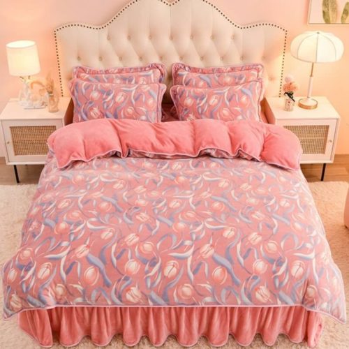 ModernLeafPatternSoftMilkVelvetBedSheetSetwithBedSkirt 2