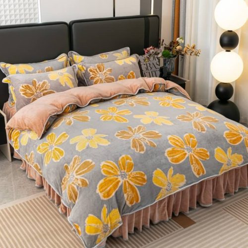 ModernLeafPatternSoftMilkVelvetBedSheetSetwithBedSkirt 5