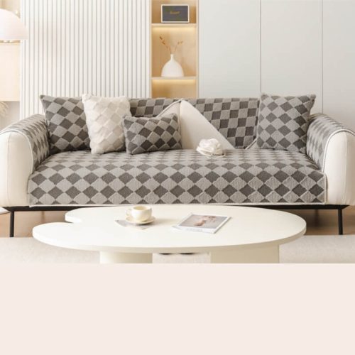 PlushCreamColorblockDiamondFurnitureDecorativeCouchCover 11