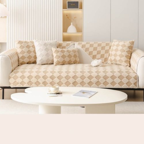 PlushCreamColorblockDiamondFurnitureDecorativeCouchCover 14