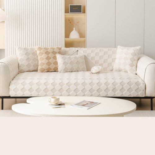 PlushCreamColorblockDiamondFurnitureDecorativeCouchCover 9