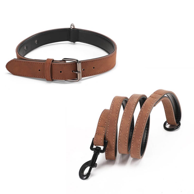 VintageFauxLeatherSoftNeckProtectorDogCollarLeashSet 2